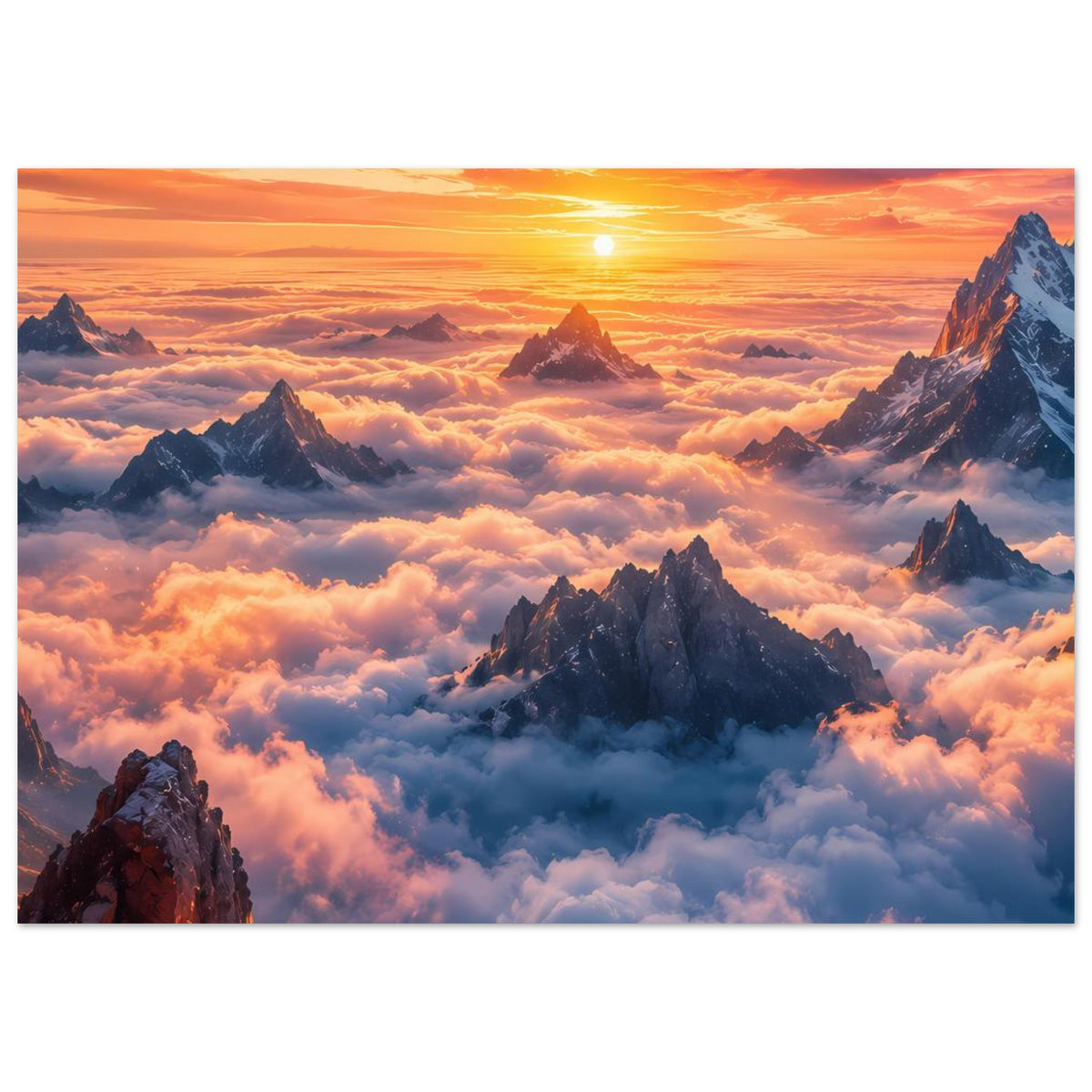 Poster im Querformat: Berggipfel im Sonnenlicht über flauschigen Wolken bei Sonnenaufgang