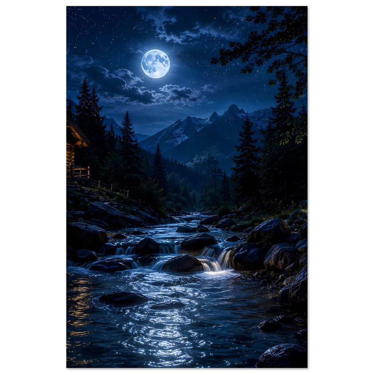 Poster mit Bergbach bei Nacht, Felsbrocken im Fluss und Vollmond, umgeben von Bergen