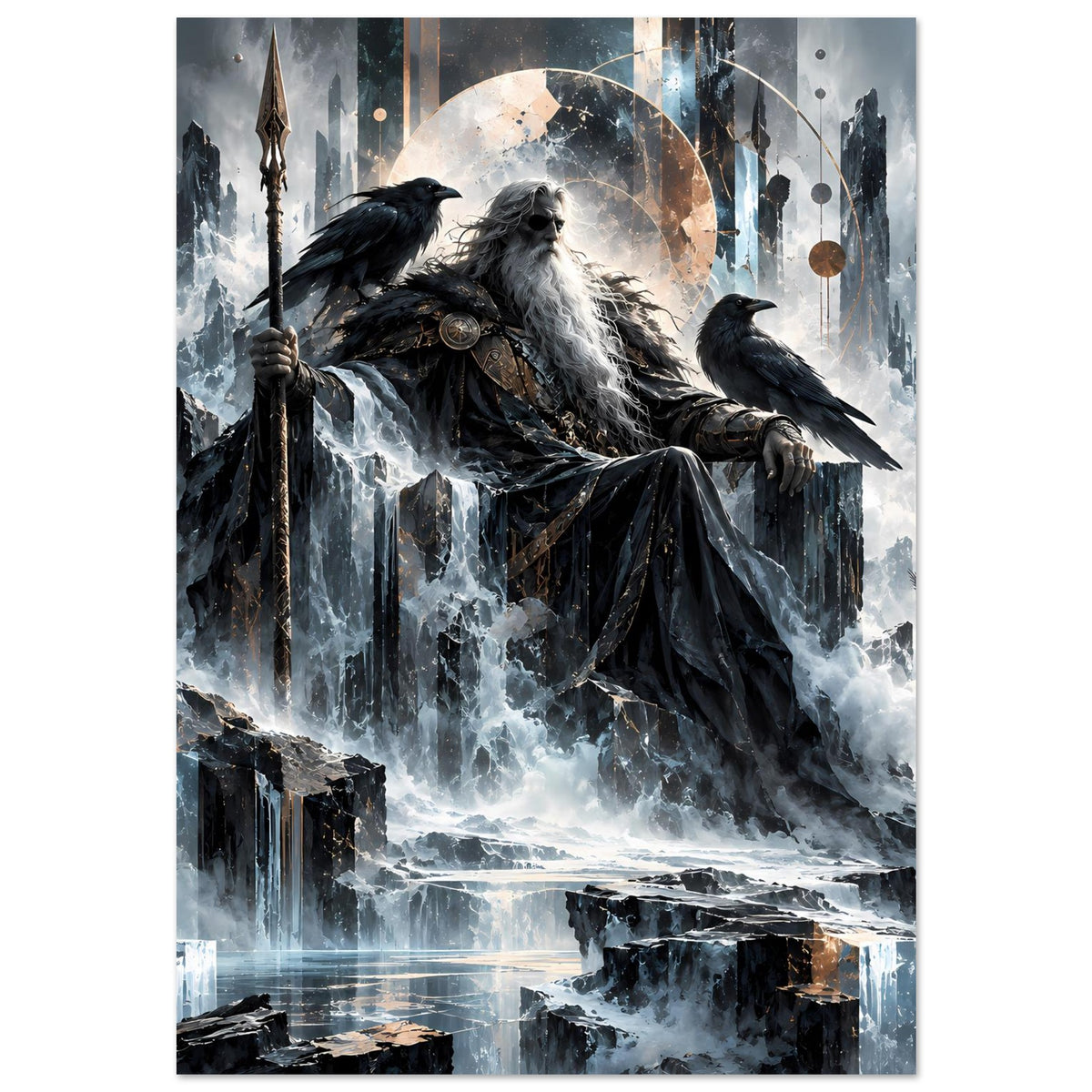Mythologie-Poster (Hochformat) mit Odin, wallendem Bart und Mantel, mehrere Raben