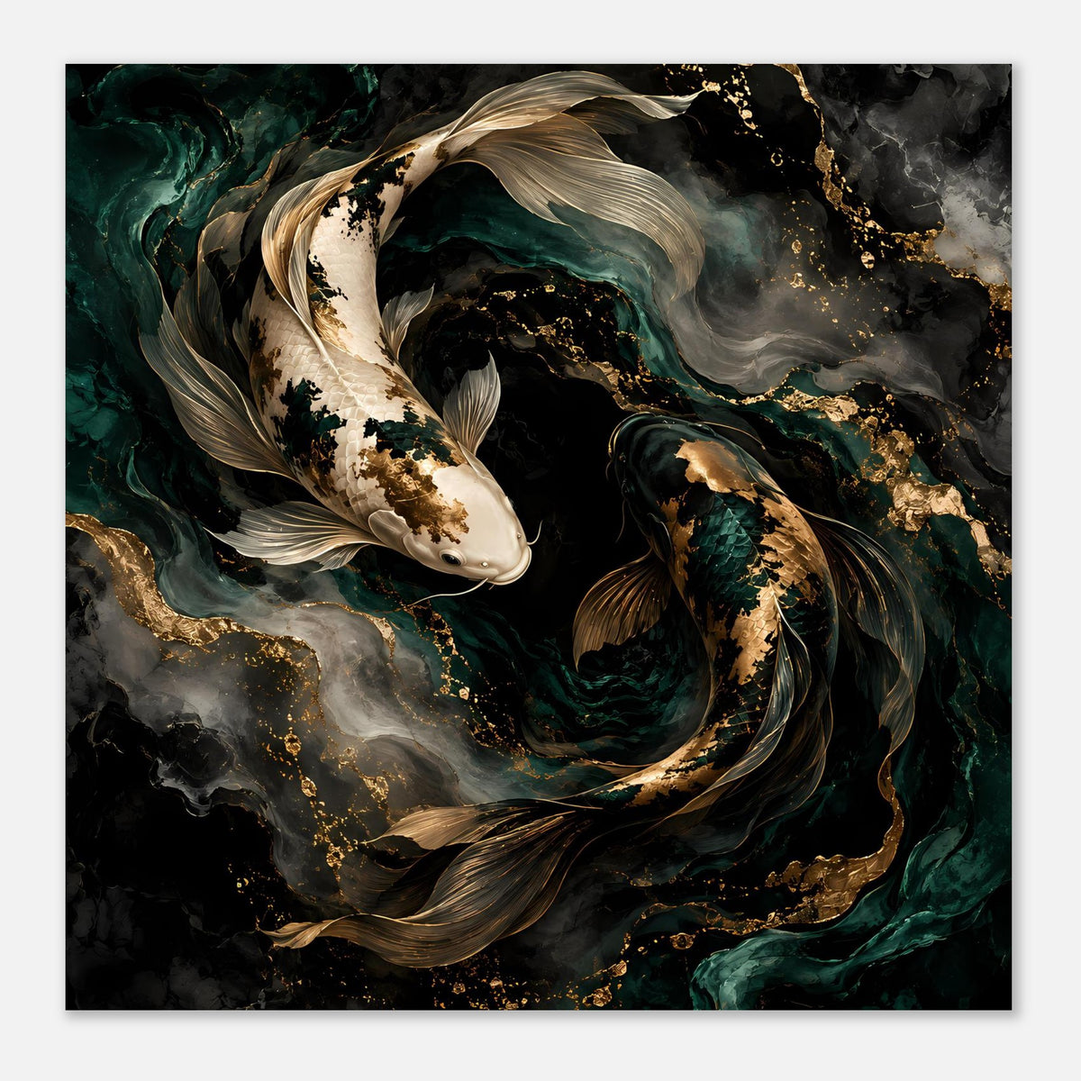 Kunstposter mit Koi-Fischen, goldenen Spritzern und dunklem, grünem Unterwasserwirbel