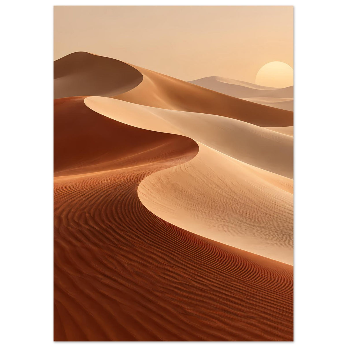 Wandposter mit Wüstendünen, dunkleren Sandmulden und einer hellen Sandwelle im Vordergrund
