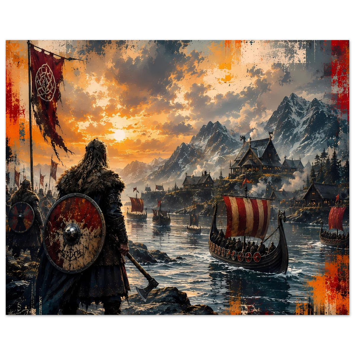 Wikinger-Saga-Poster im Querformat mit Wikingerkrieger, rotem Akzent und Langschiff auf Wasser