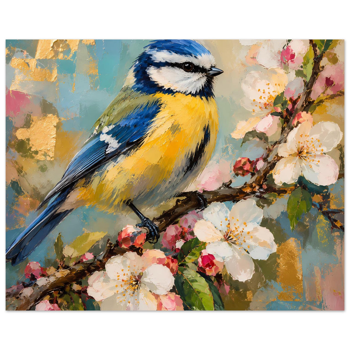 Vogelkunst-Poster: Vogel mit blauem Kopf und gelbem Bauch auf Blütenast