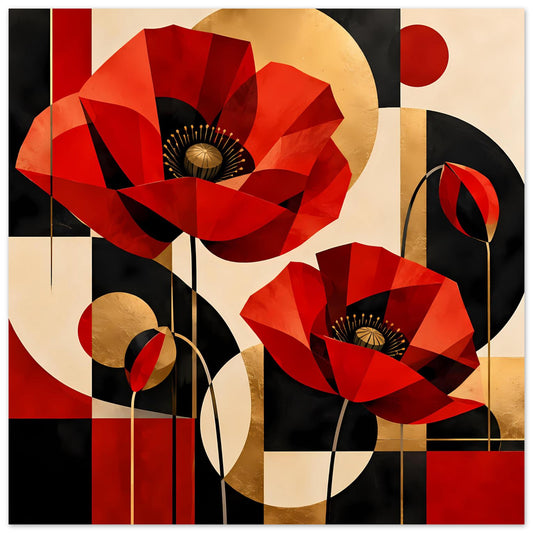 Kunstposter mit abstrakten roten Mohnblumen, goldfarbenen Akzenten und geometrischen Formen