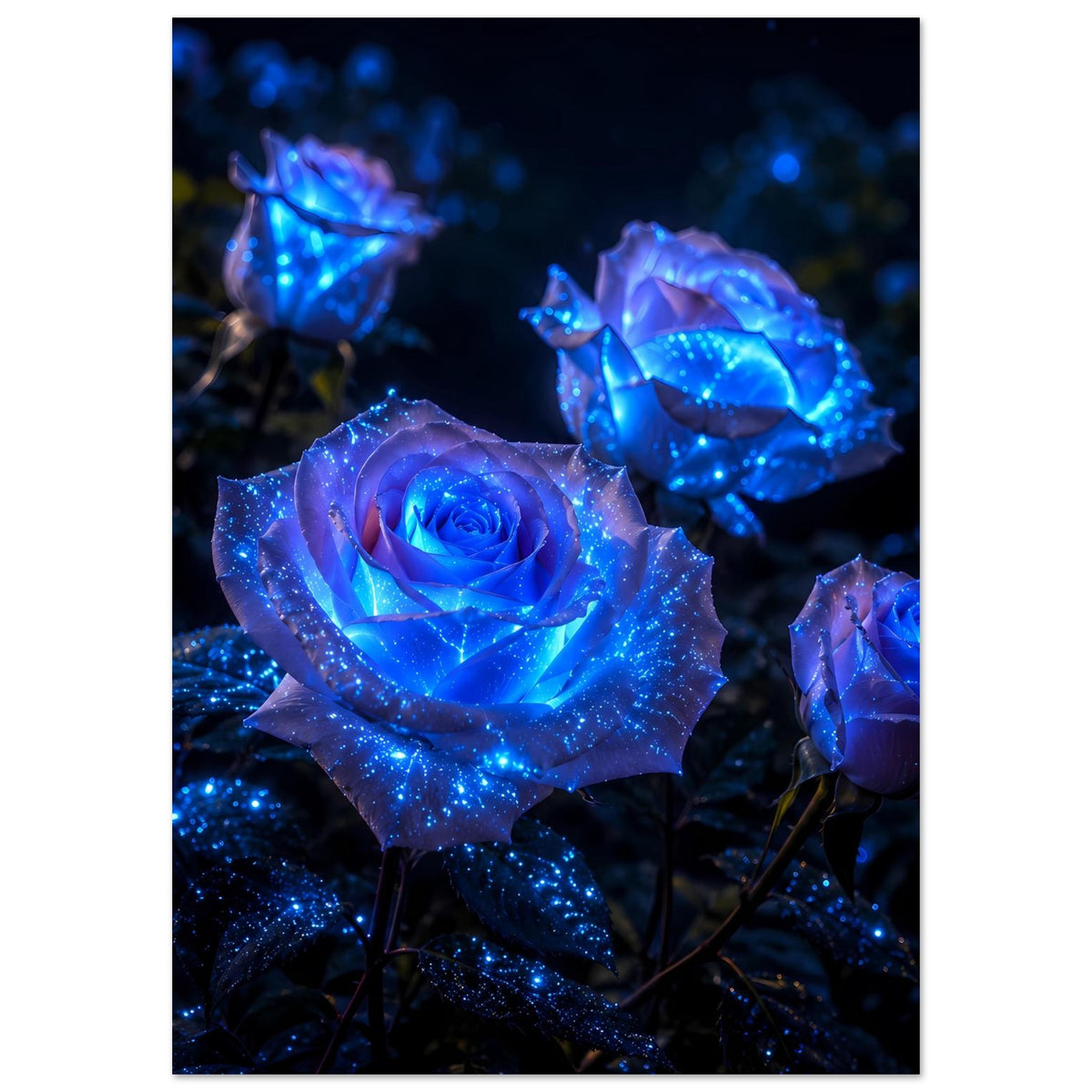 Vertikales Poster mit leuchtenden blauen Rosen, zentrale Blüte und kleinere Rose rechts