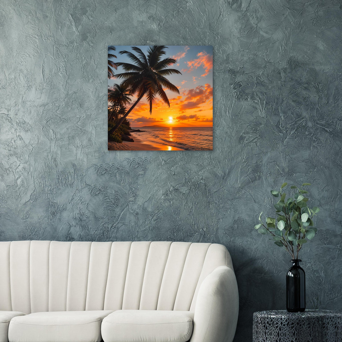 Quadratisches Poster mit Palmenstrand und Sonnenuntergang, im dunklen Rahmen