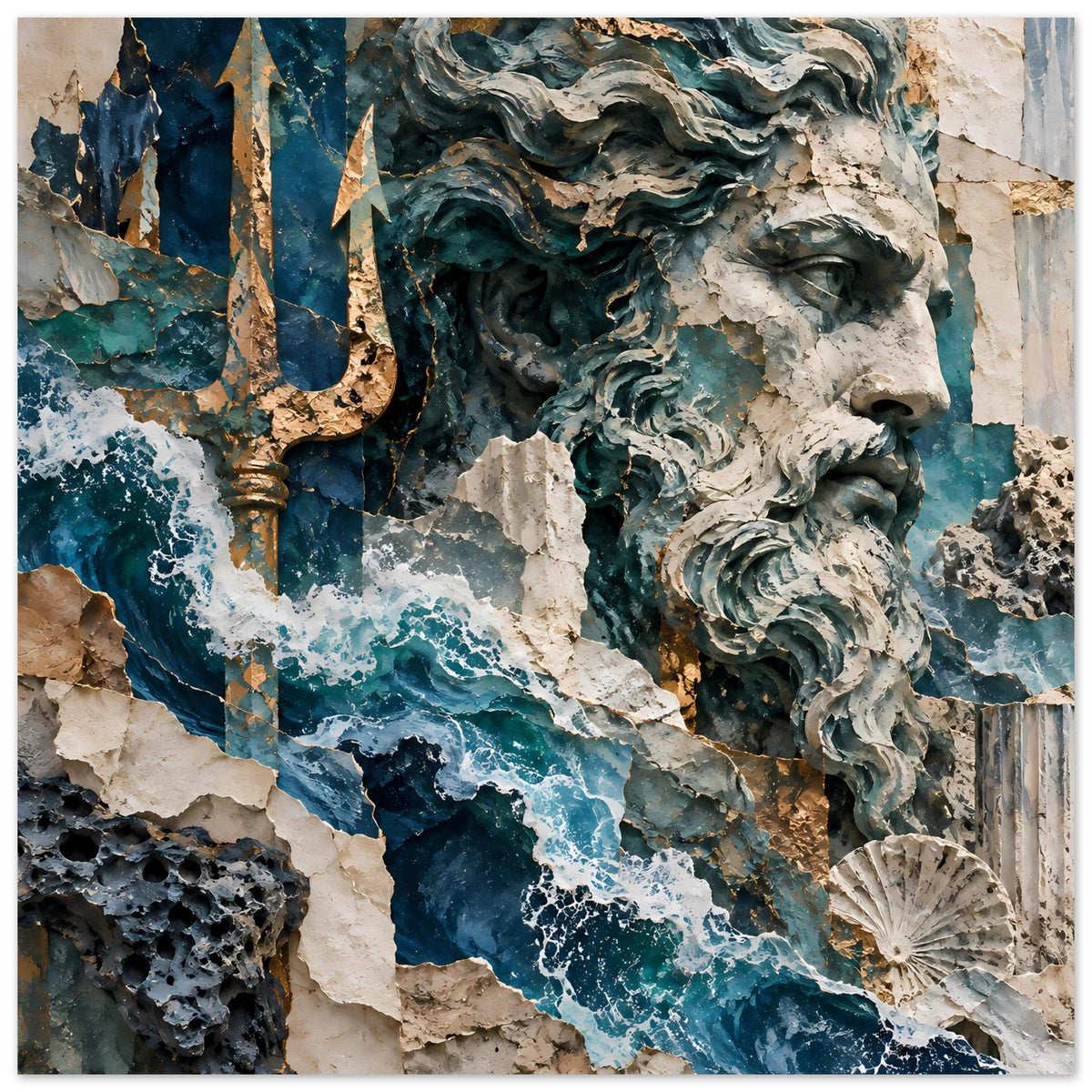 Poster mit Meeresrelief: Antik-Kopf rechts, blaue Wellen und goldener Dreizack, seitlicher Schnitt