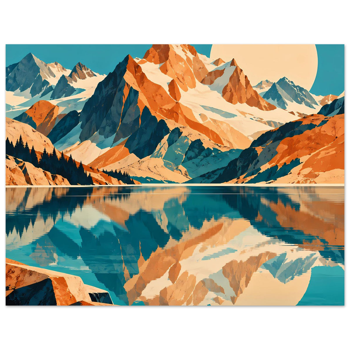Naturposter im Querformat mit Bergen, See-Spiegelung und Mond, blau-oranges Landschaftsdesign