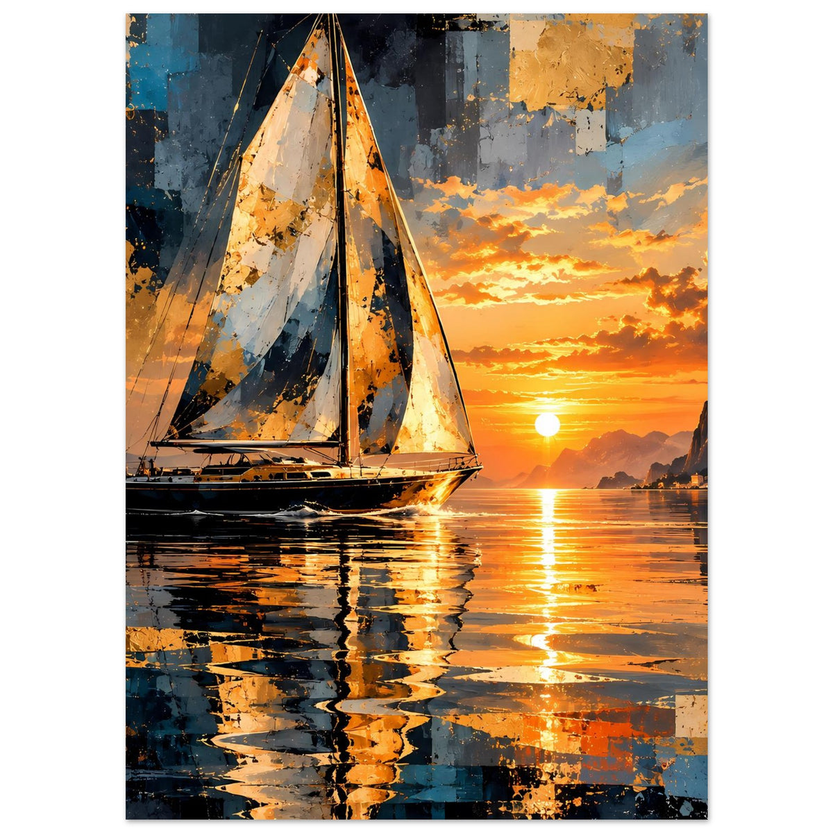 Abstraktes Poster mit Segelboot vor orangefarbenem Himmel und Wasserreflexion (vertikal)