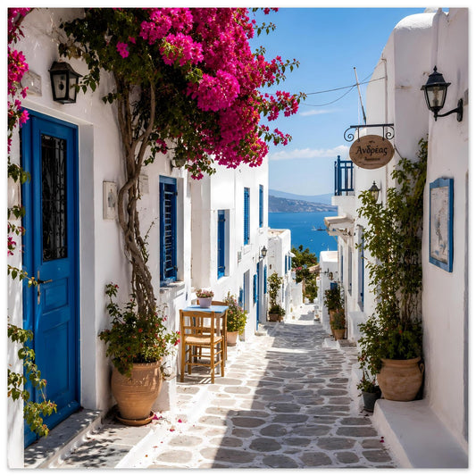 Wandposter mit mediterraner Gasse, blauen Türen, pinken Blüten und Meerblick