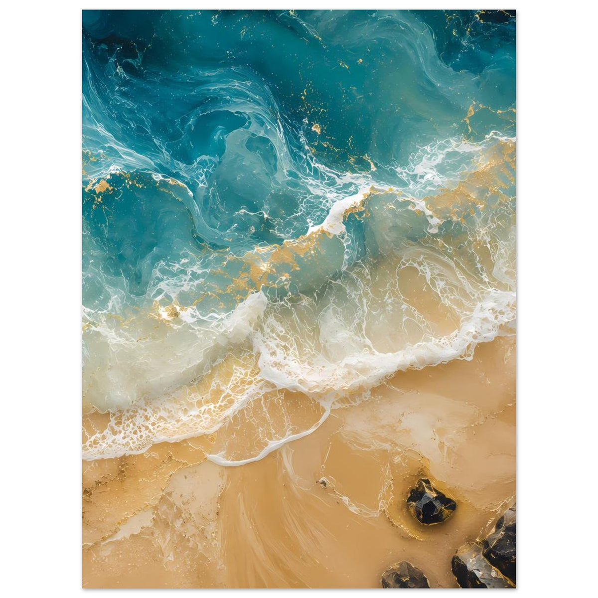 Poster mit Ozeanwellen und Sandstrand in Türkis, Gold und weißem Schaum