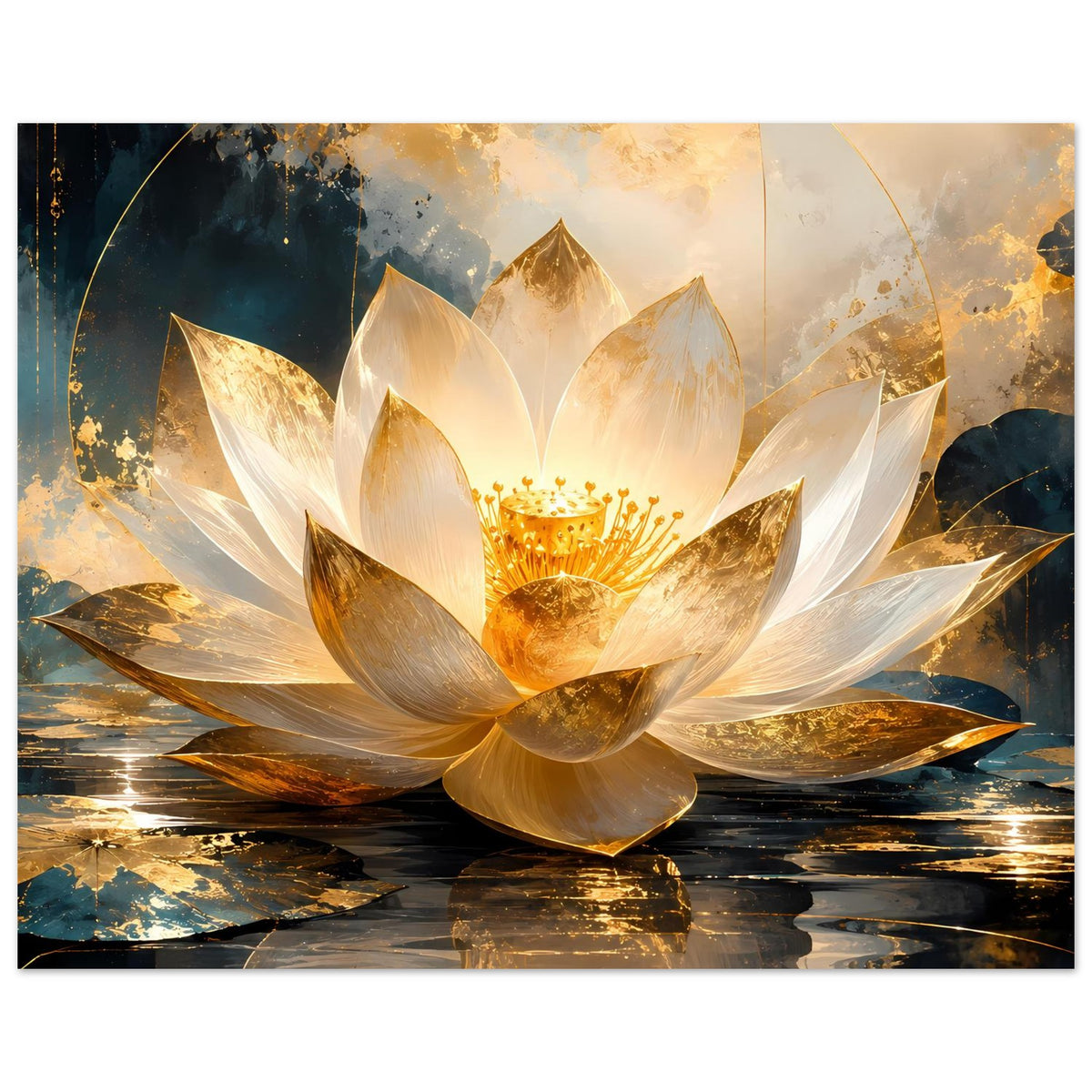 Kunstposter mit zentraler Lotusblüte in Gold und Weiß, auf spiegelndem Wasser