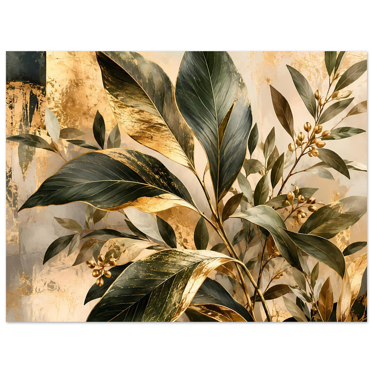 Breites botanisches Poster mit grünen und goldenen Blättern sowie goldenen Blütenzweigen.