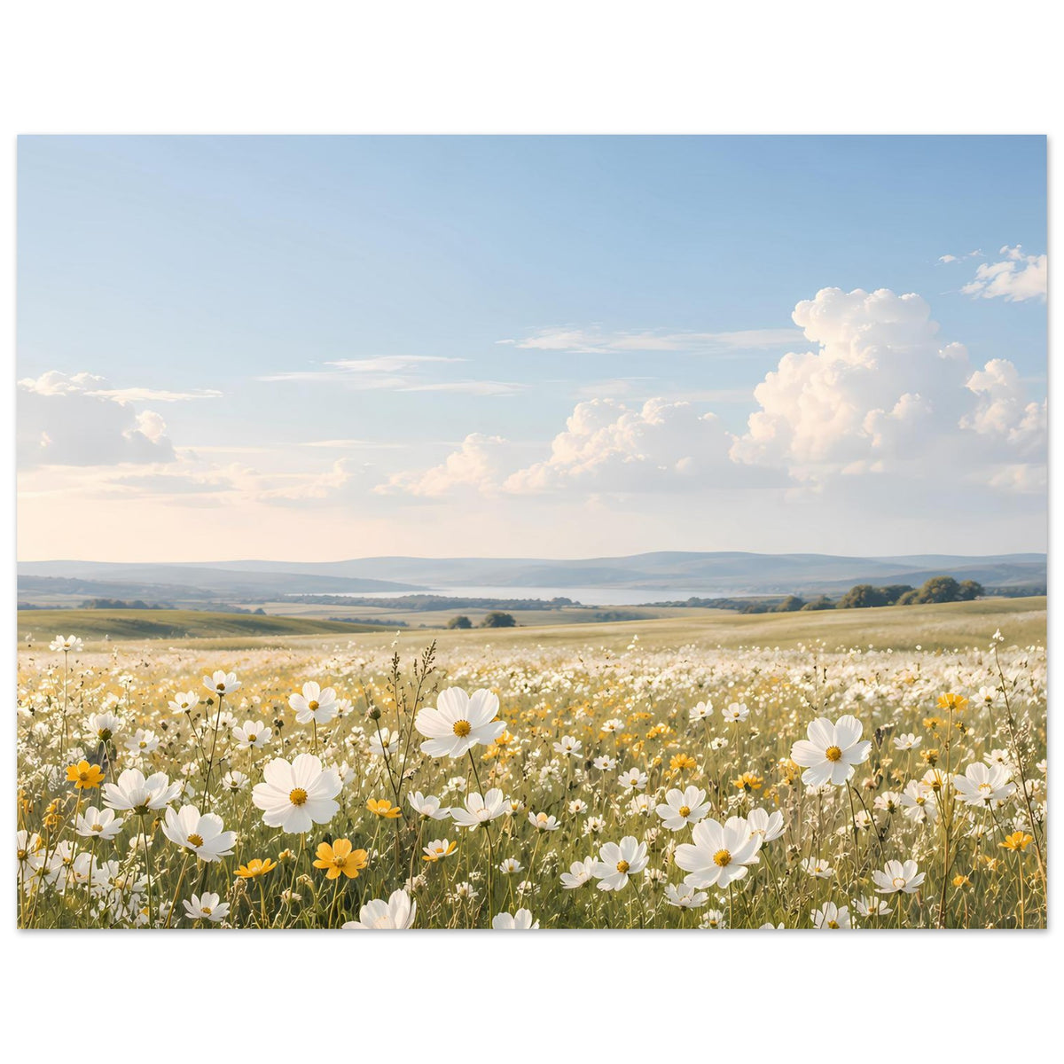 Wandposter mit Blumenwiese aus weißen Margeriten und gelben Blüten im Vordergrund