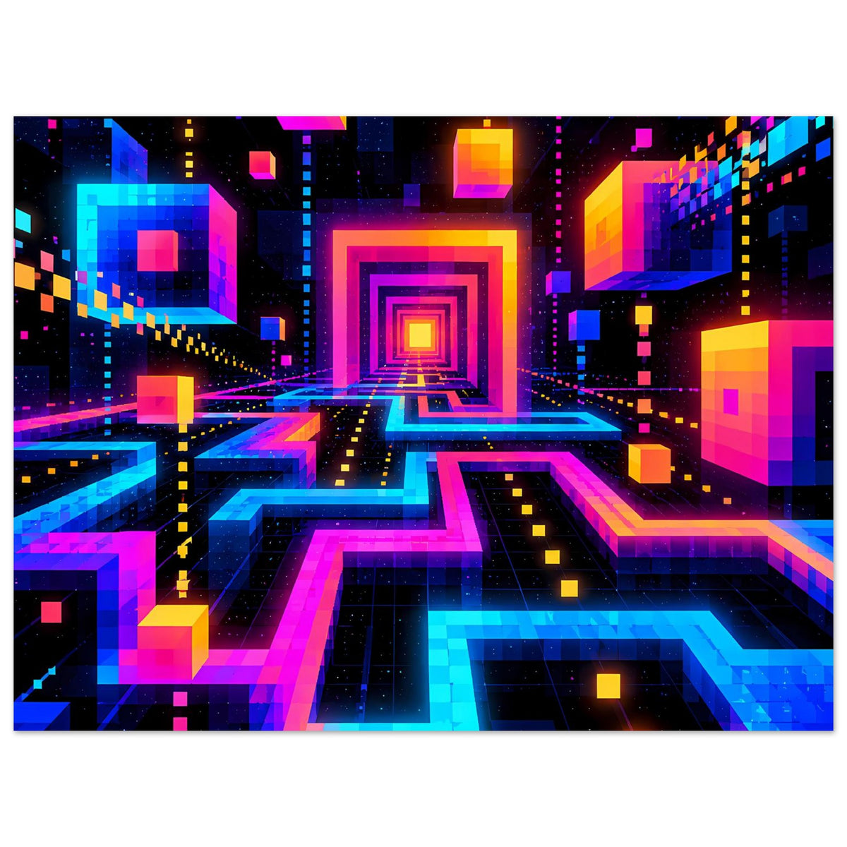 Neon-Science-Fiction-Poster, breiter Ausschnitt: geometrisches Labyrinth mit quadratischem Portal