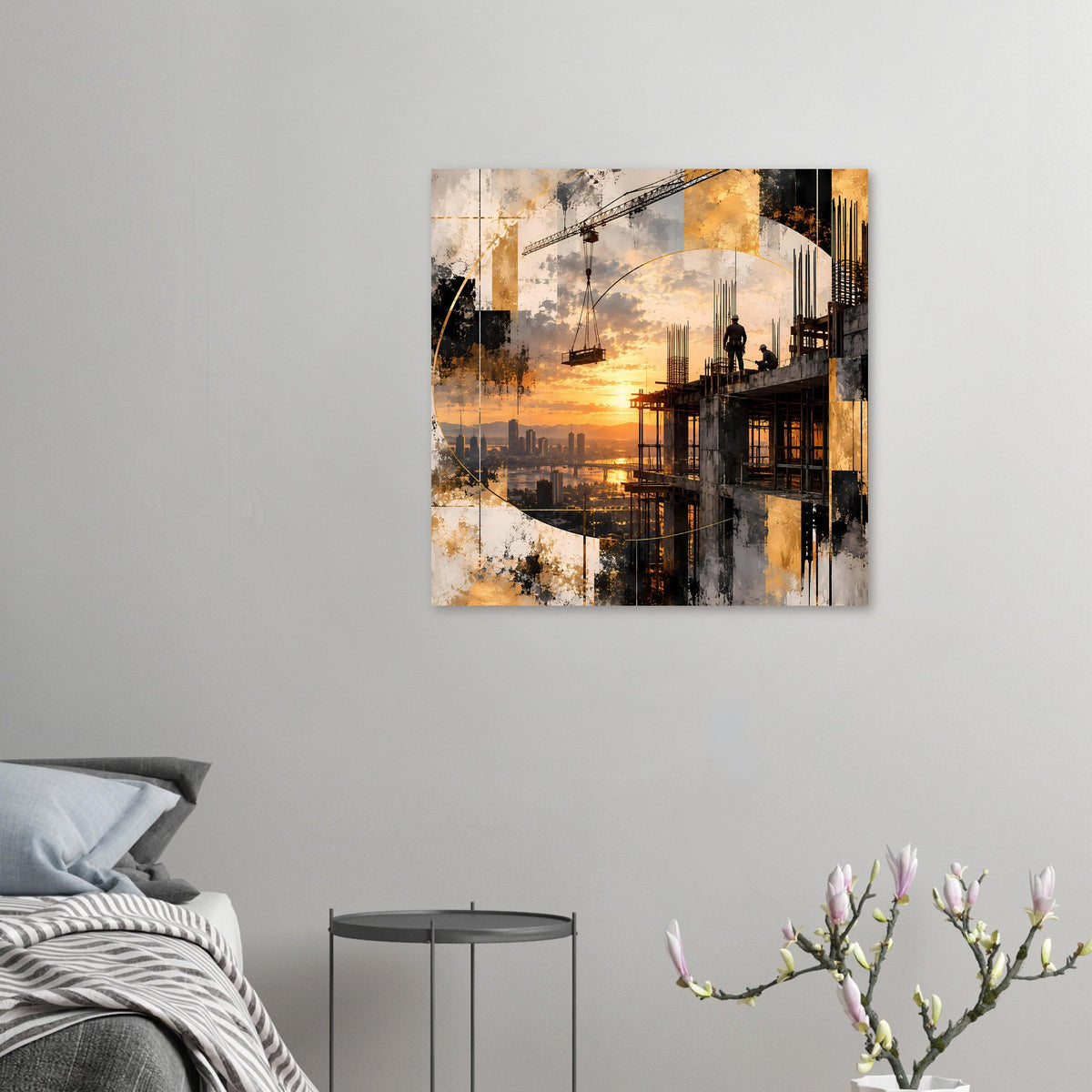 Gerahmtes Poster mit abstrakter Baustellen-Skyline und Sonnenuntergang, klein, quadratisch