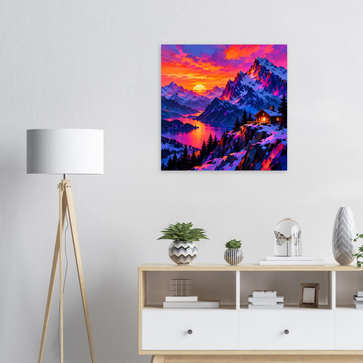 Quadratisches Wandposter mit Sonnenuntergang über Berglandschaft, See und leuchtenden Farben