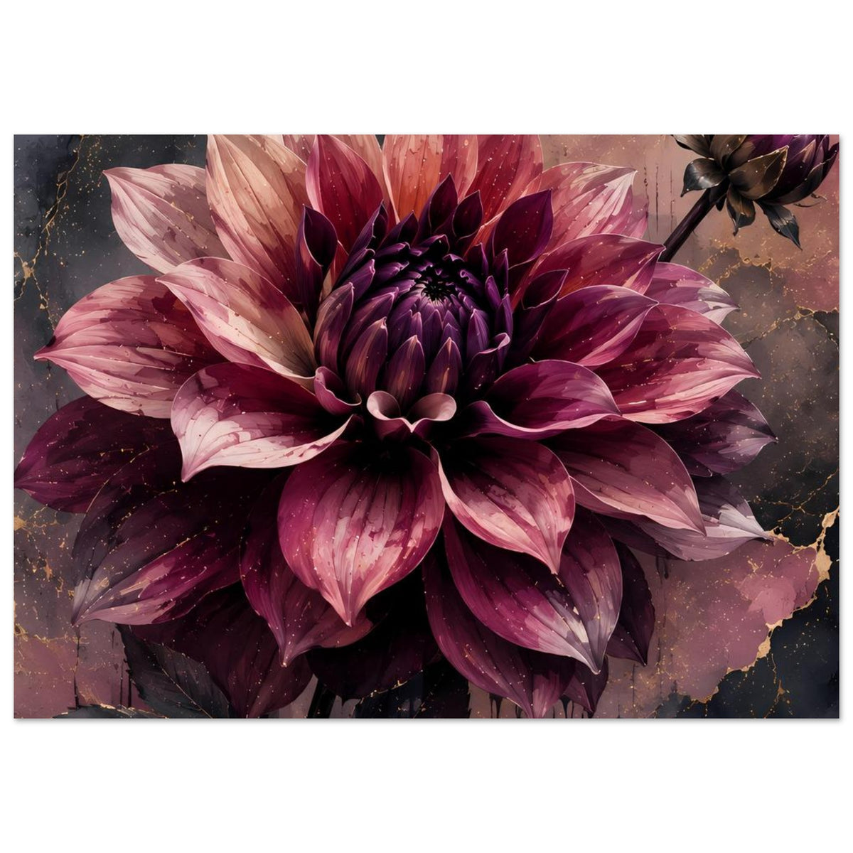 Blumenposter im Querformat mit dunkelvioletter Dahlie und goldenen Adern, große Blüten im Blick