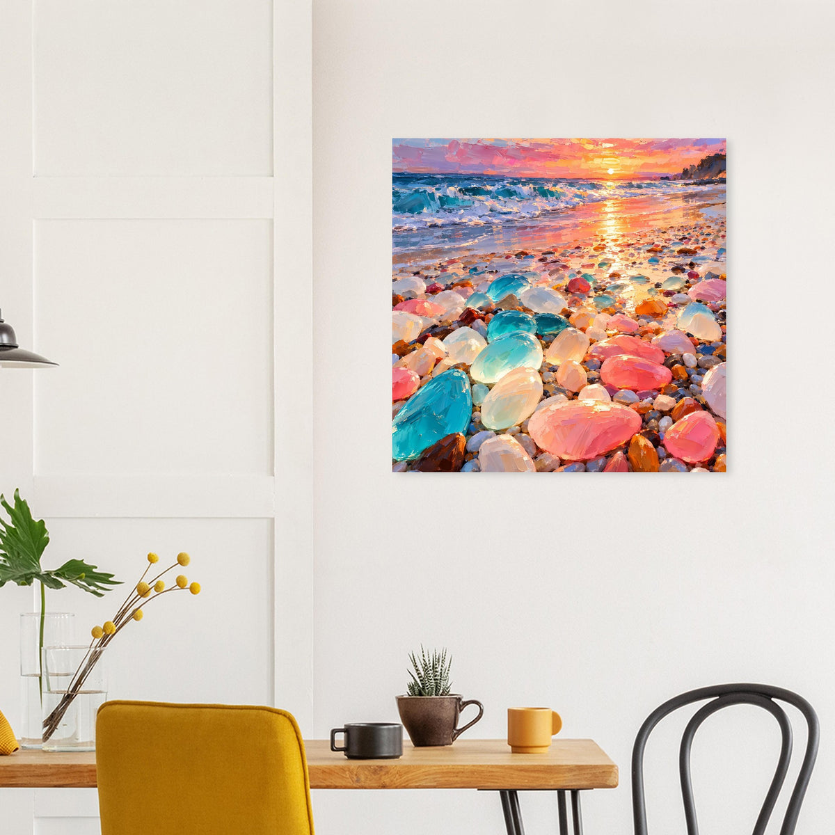Quadratisches Wandbild mit Sonnenuntergang, Brandung und vielen bunten Kieselsteinen