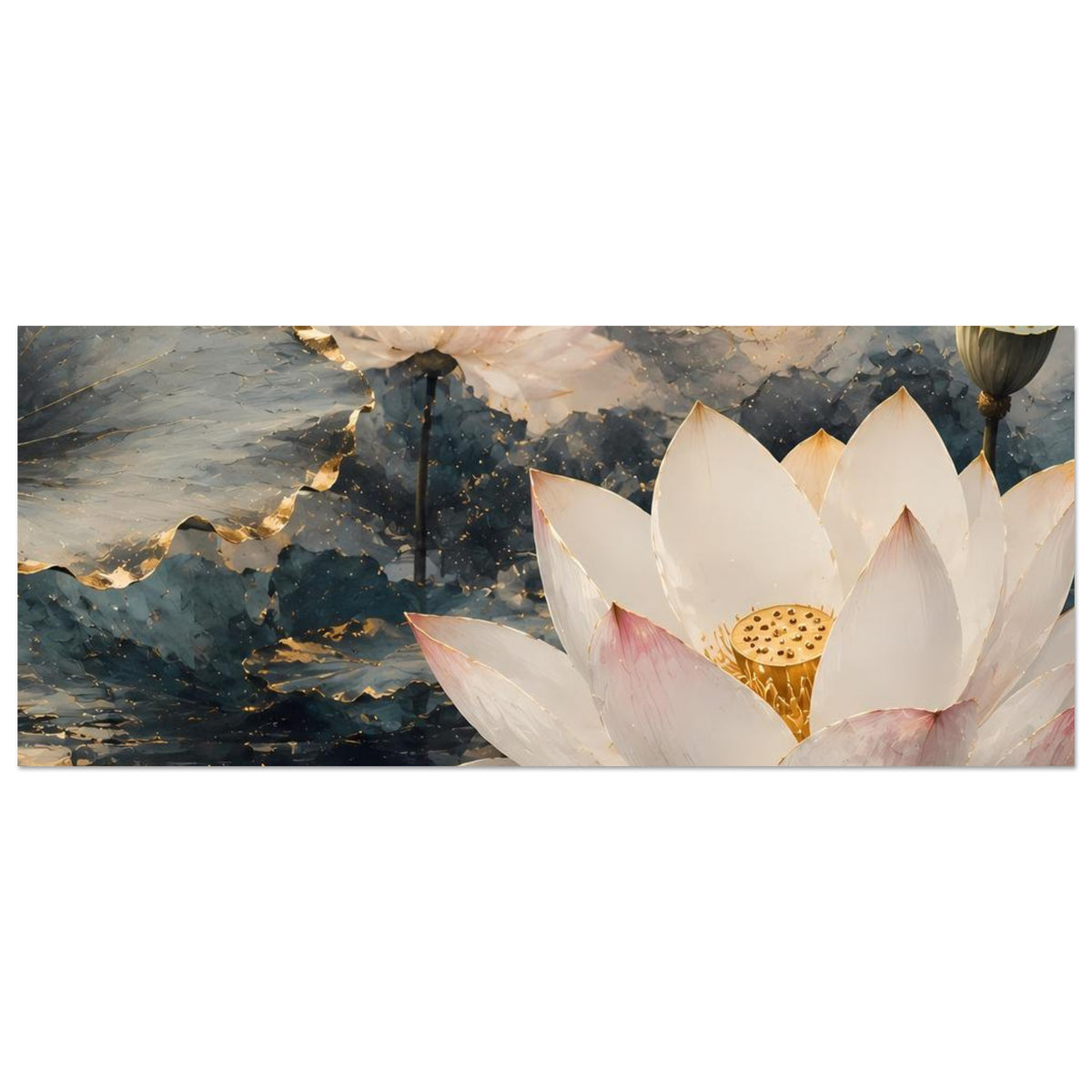 Horizontaler Ausschnitt des Lotusblumen-Posters mit weißen Blüten, rosa Akzenten und goldfarbenem Inneren