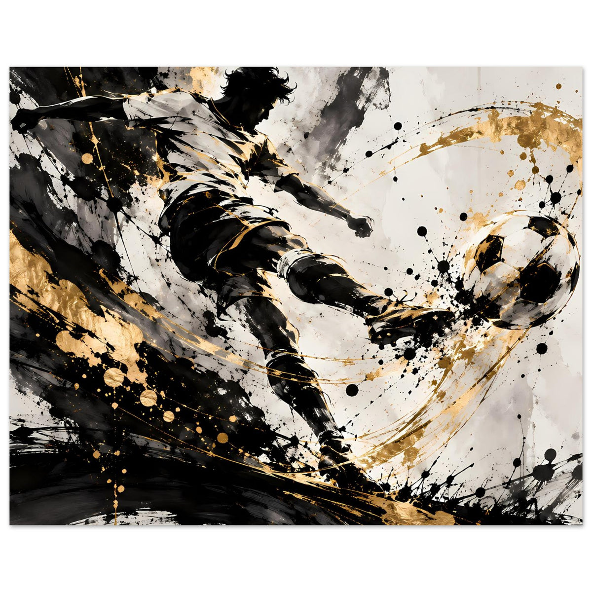Wandposter im Querformat mit Fußballspieler-Silhouette, gold-schwarze Spritzer auf hellem Grund.