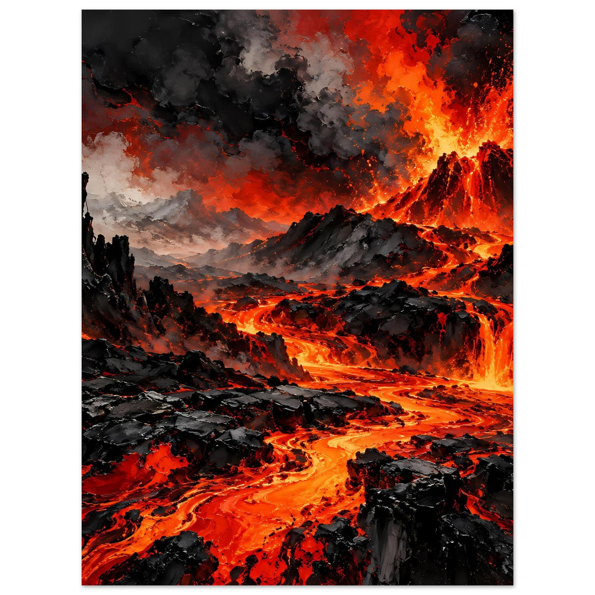 Vulkan-Ausbruch Poster, vertikales Motiv mit Lavafluss, Rauch und zackigen Bergen