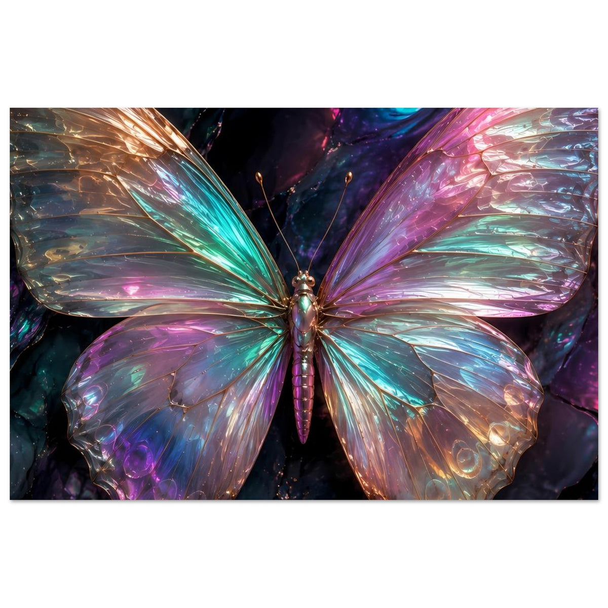 Poster mit Schmetterling-Motiv, schimmernde Flügel in Regenbogenfarben und goldener Zeichnung