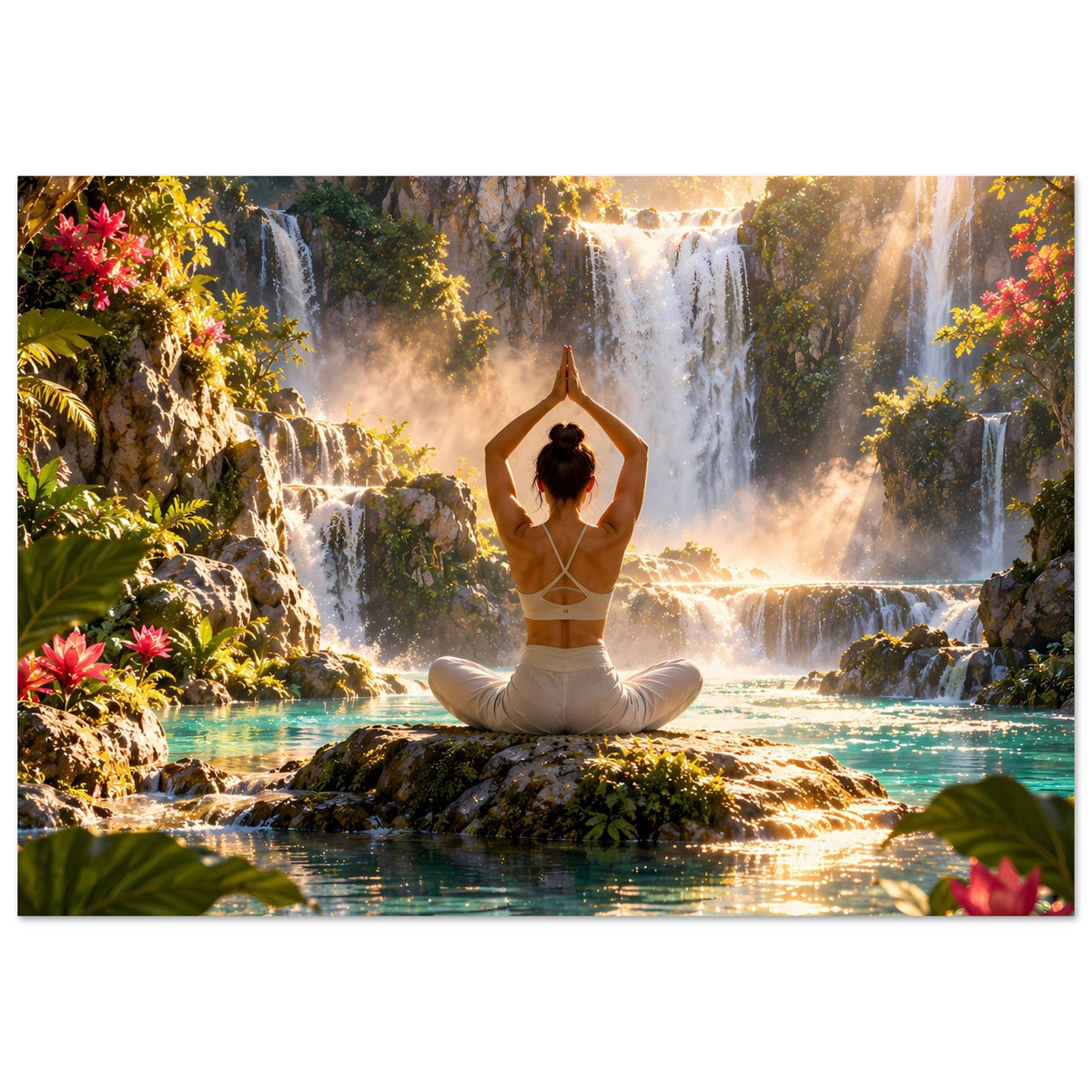 Gerahmtes Yoga-Meditationsposter mit meditierender Person vor Wasserfall und Felslandschaft