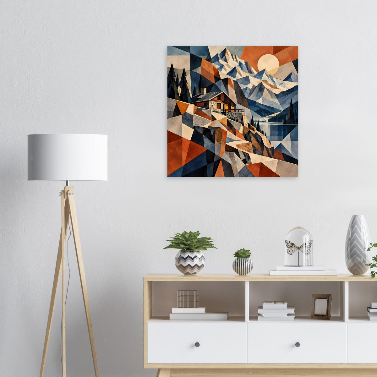 Quadratisches Poster mit geometrischer Berglandschaft in Blau, Rostrot und Erdtönen