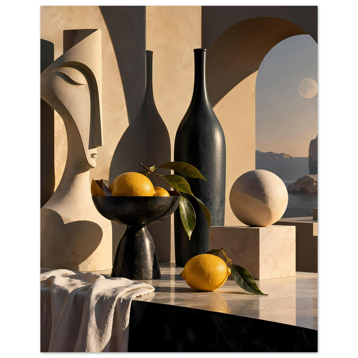 Poster mit Stillleben: schwarze Vase, Zitronen, Kugelobjekt, Fensterbogen zur Landschaft.