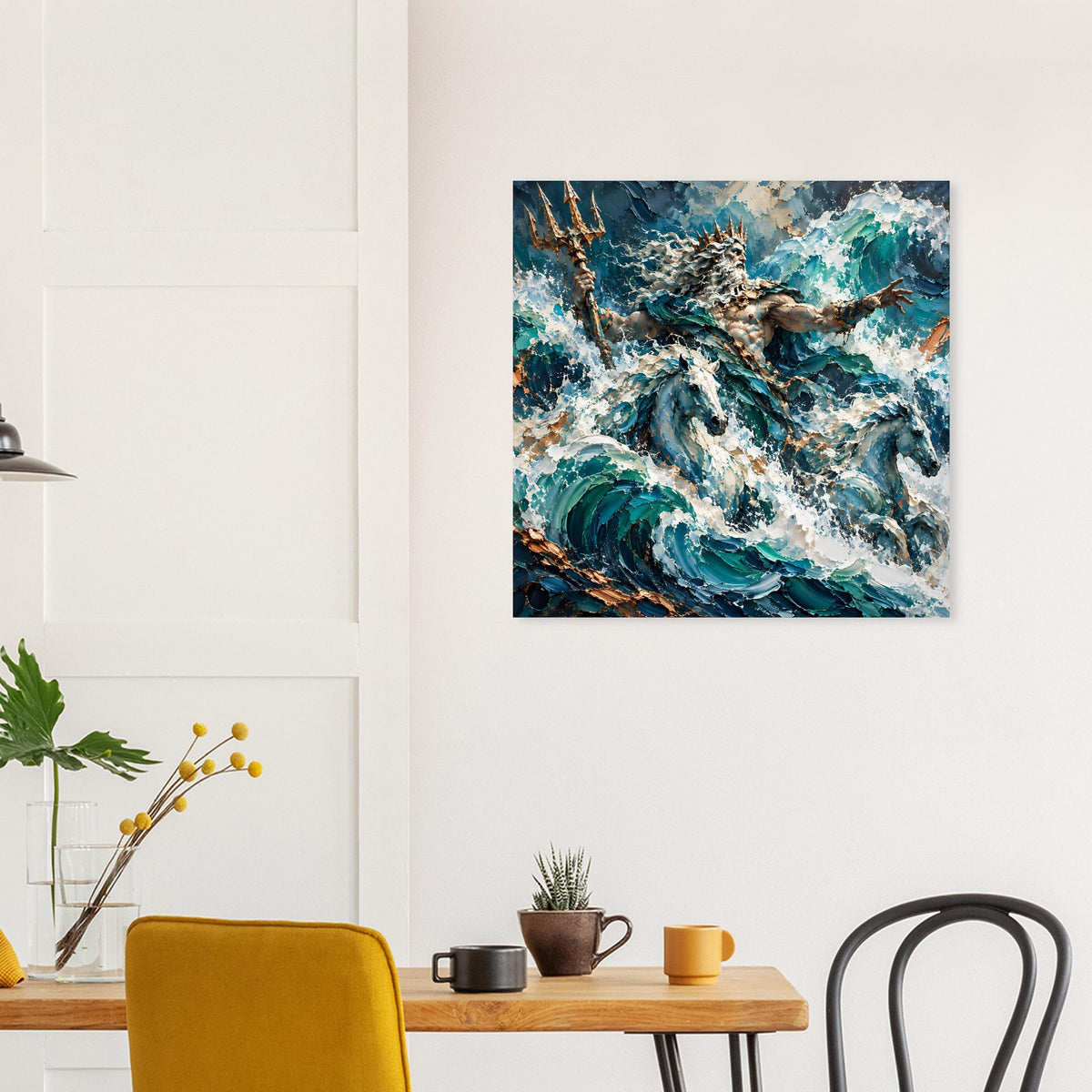 Quadratisches Poster mit Poseidon-artiger Meerfigur und spritzenden Wellen in Blaugrün