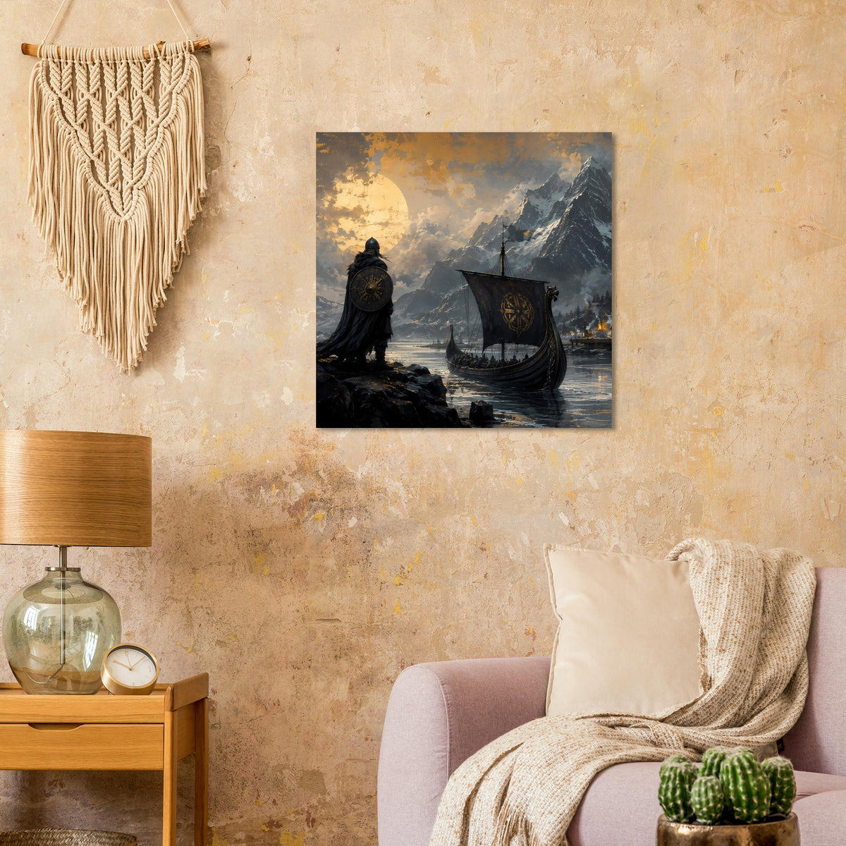 Wandposter mit Wikingerkrieger, Drachenboot und Bergen im Hintergrund