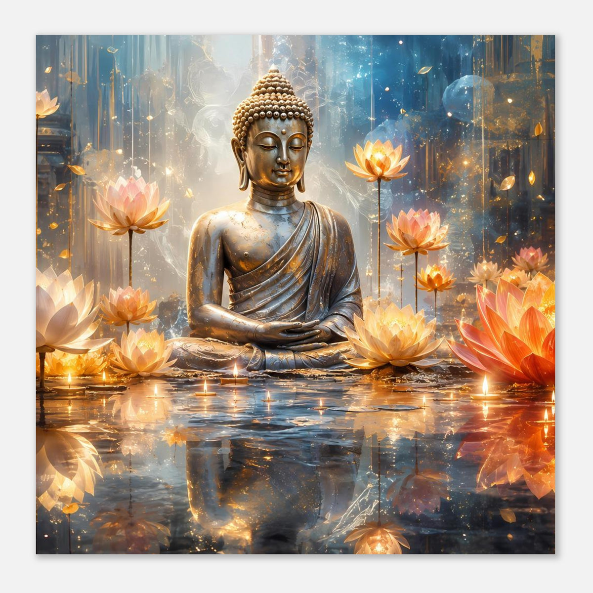 Buddha-Poster mit goldener meditierender Statue und leuchtenden Lotusblüten