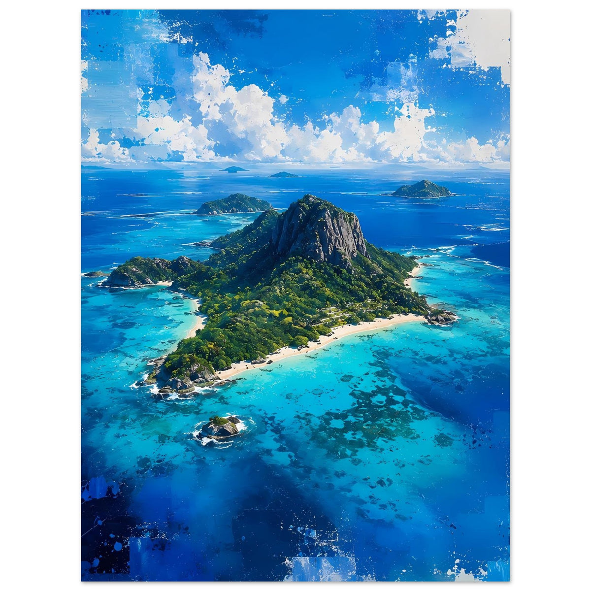 Poster im Hochformat: tropische Insel mit Felsberg, türkisfarbenem Wasser und hellen Sandbuchten