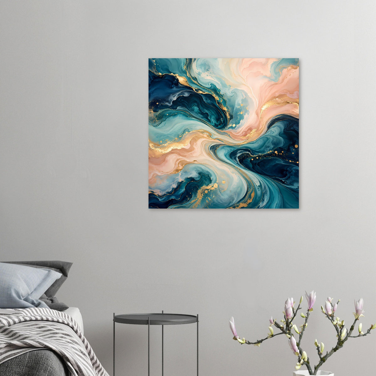 Kleines abstraktes Kunstposter: Blauwirbel, rosafarbene Streifen und goldene Akzente