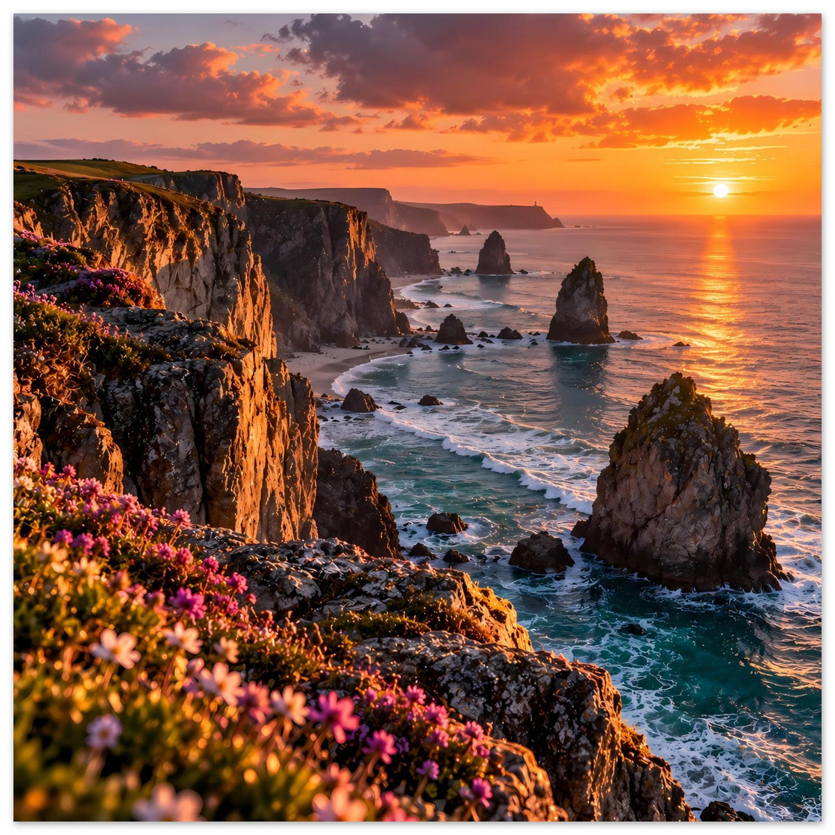 Vertikales Poster: Sonnenuntergang über Küstenfelsen, Wellen zwischen Klippen und Farbhimmel