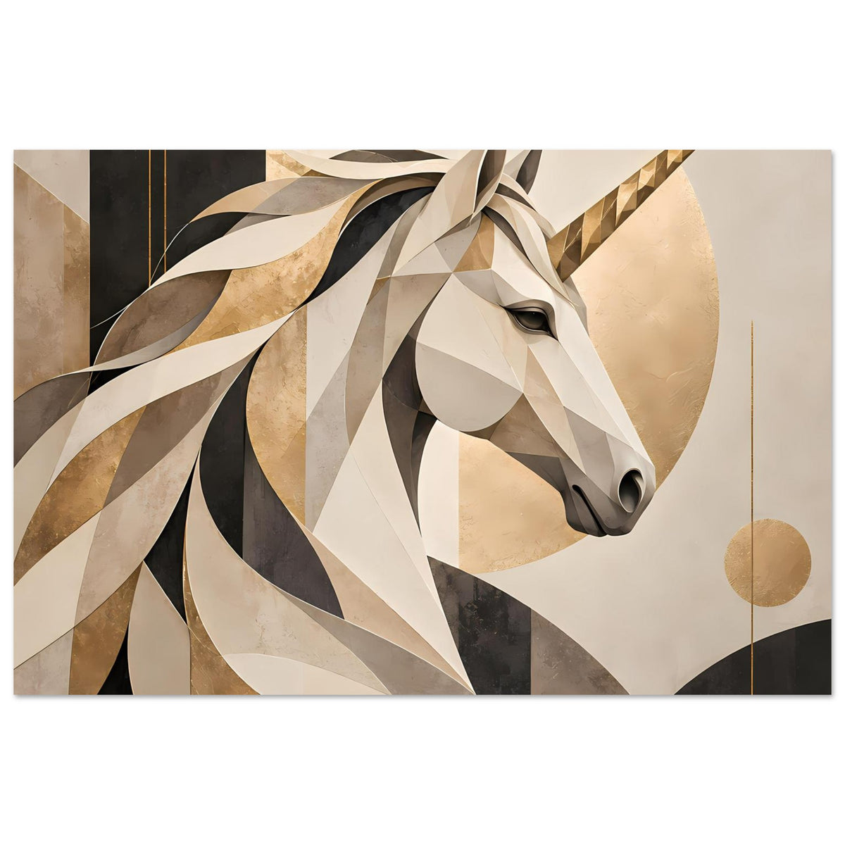 Horizontales Poster mit Einhornporträt aus polygonalen Flächen in Beige und Dunkelgrau