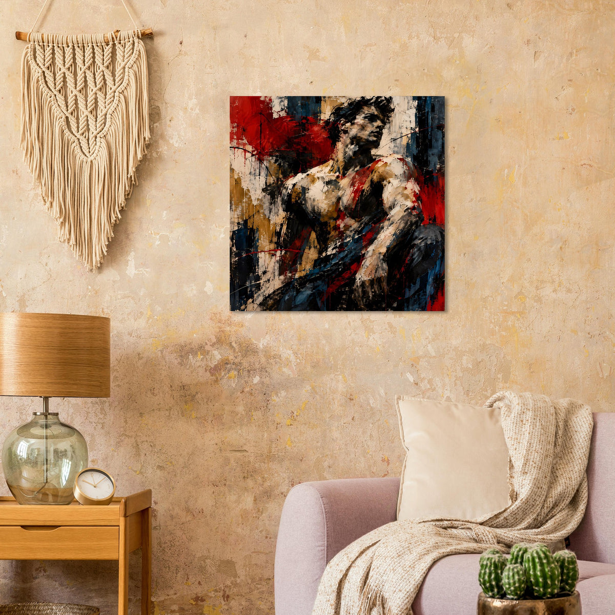 Abstraktes Wandposter mit kräftigen Rot-, Schwarz- und Beige-Tönen, figurativ