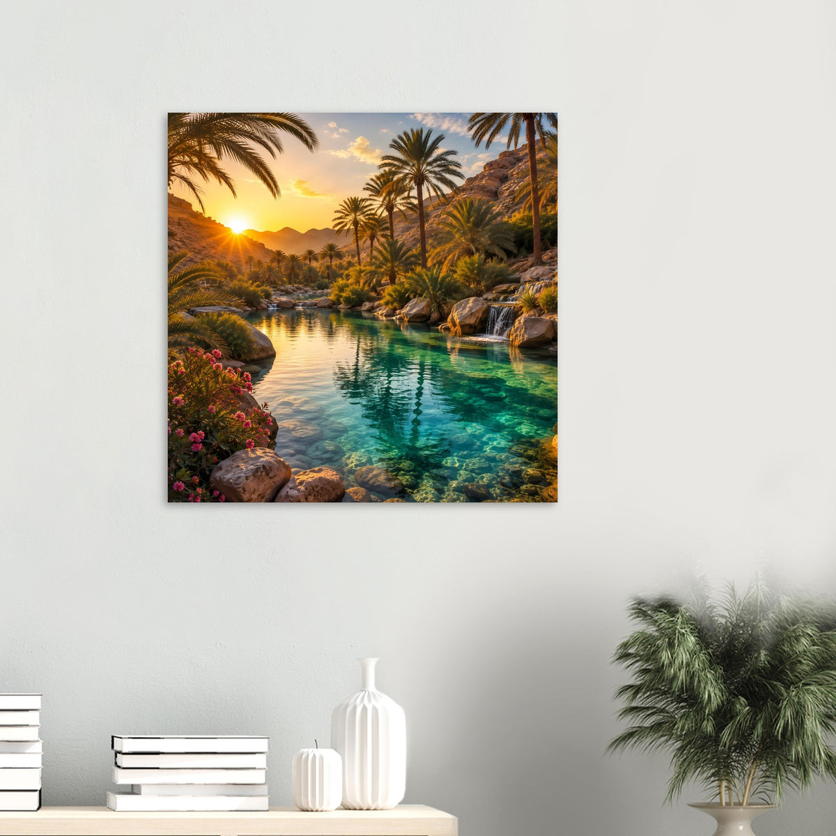 Quadratisches Poster mit tropischer Sonnenuntergangslandschaft, Palmen und türkisfarbenem Fluss