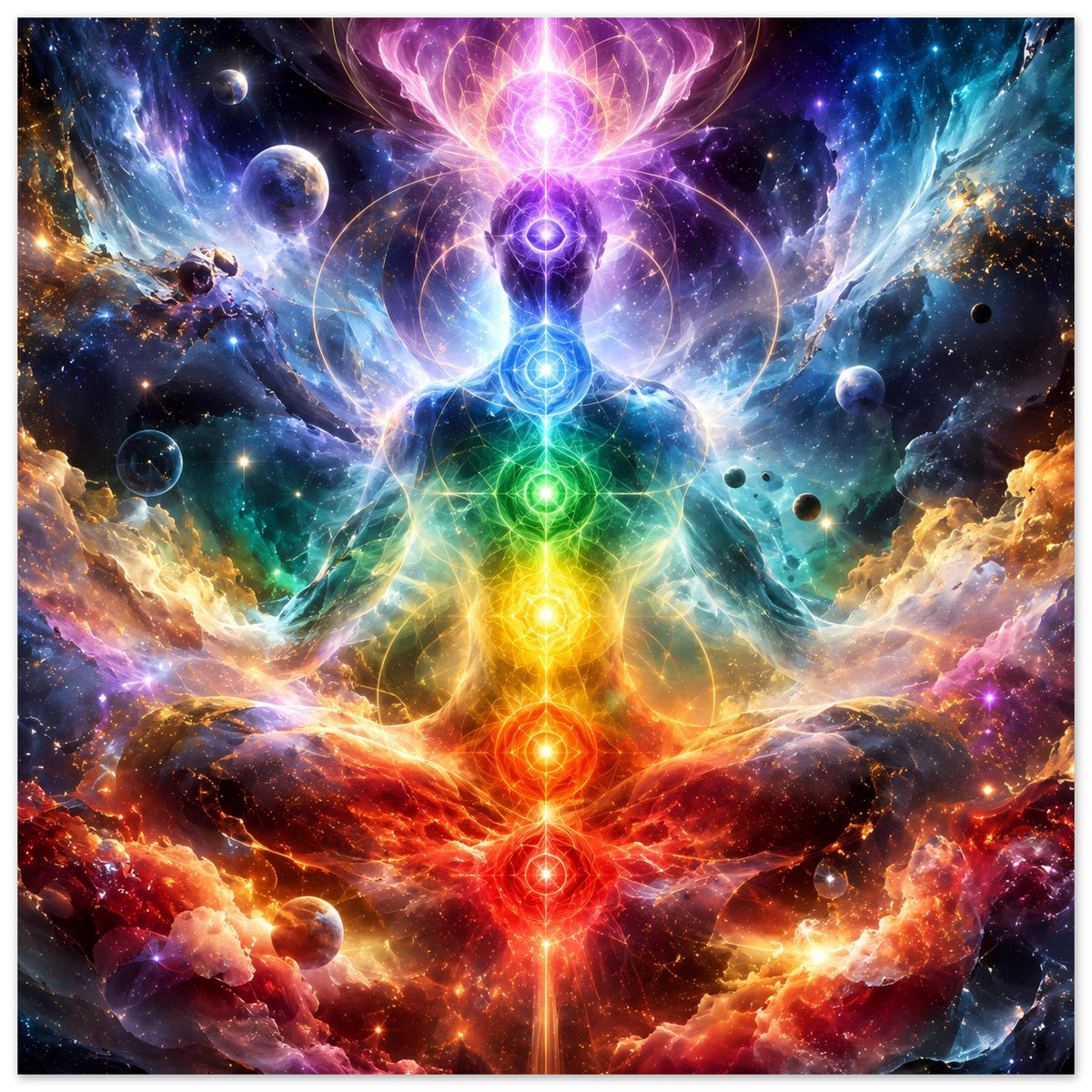 Chakra-Meditationsposter im breiten Format mit farbigem Energie-Rad und Sternen