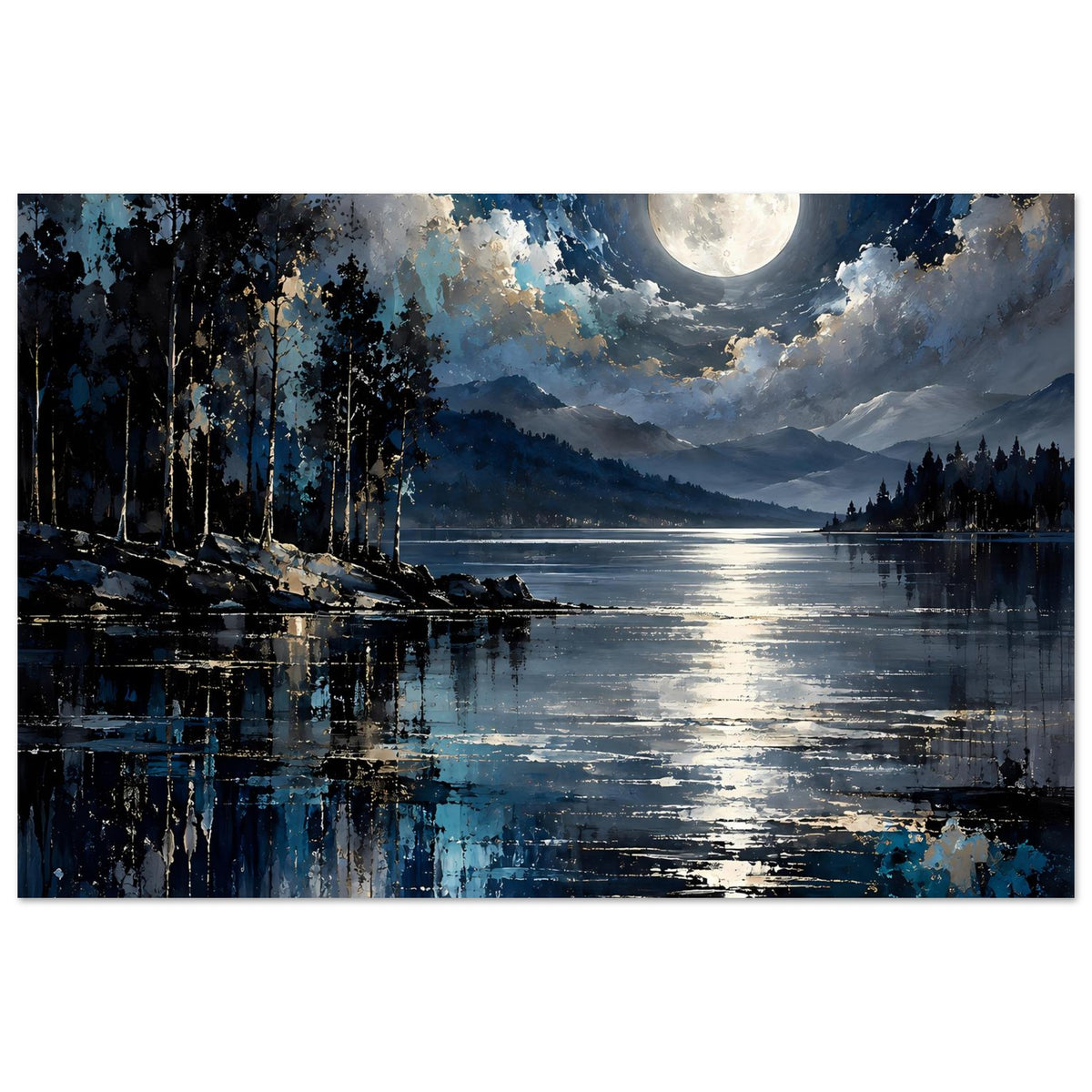 Horizontales Poster mit Mond über See, Wolken am Himmel und reflektierendem Ufer