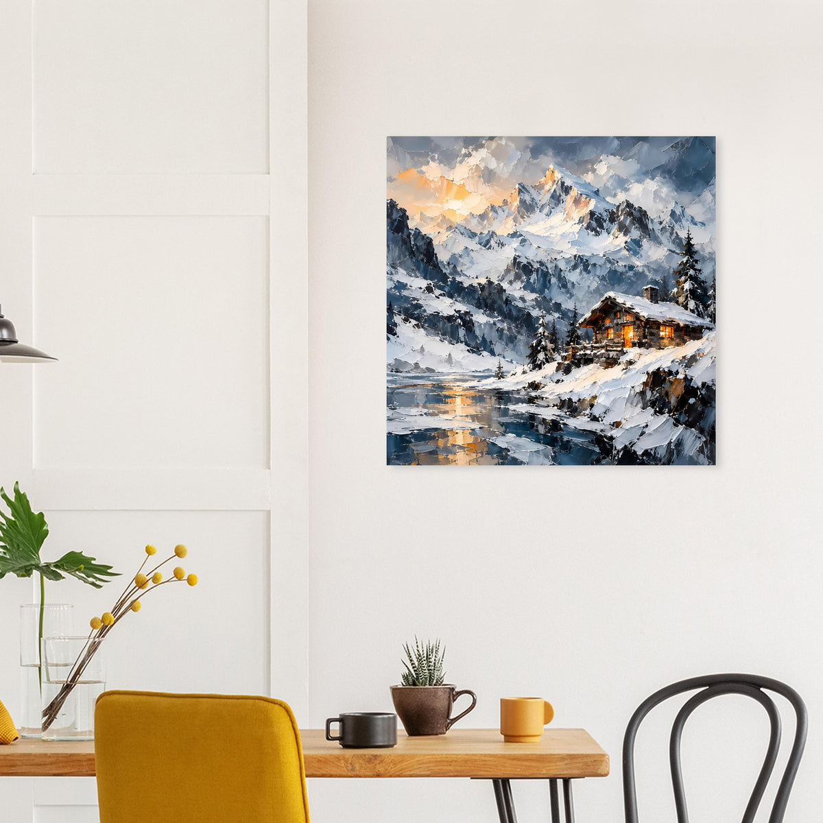 Poster mit Winterhütte in winterlicher Berglandschaft, warmes Licht in der Hütte