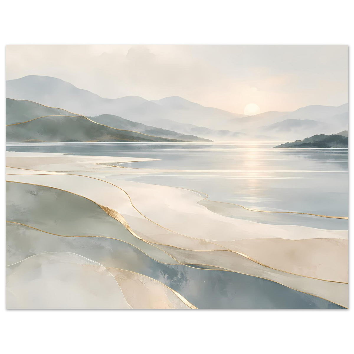 Poster Küstenlandschaft mit sanften Wellen, Beige/Grau und goldene Linien über dem Strand