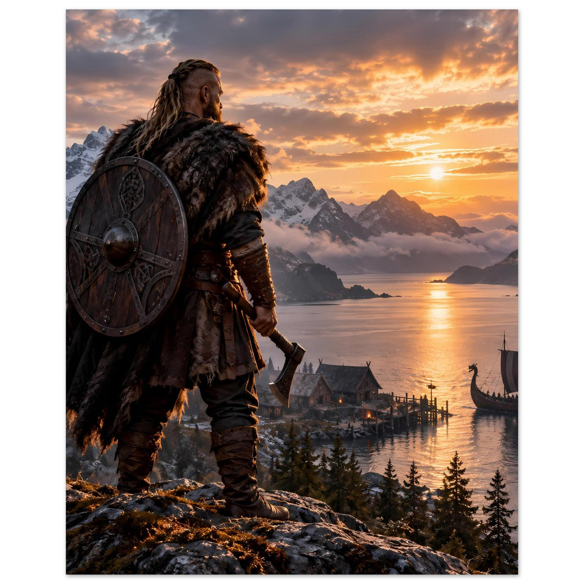 Hochformatiges Poster mit Wikinger im Fellumhang, Rundschild und Fjord bei Sonnenuntergang