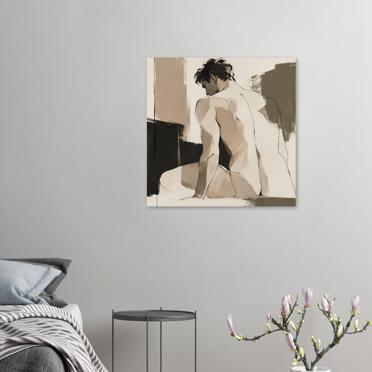 Kleines Kunstposter mit Aktfigur im Sepia-Stil, reduzierte Pinselstriche, rechteckig