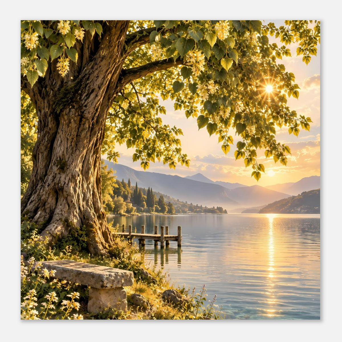 Quadratisches Poster mit altem Baum, See und Holzsteg im goldenen Abendlicht