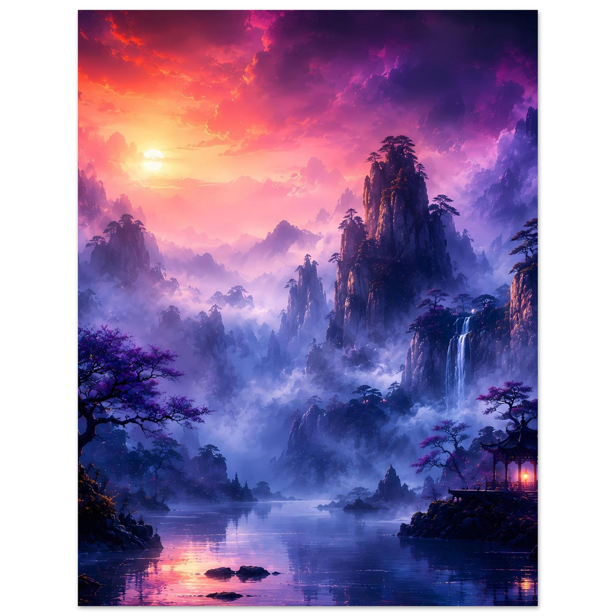 Vertikales Fantasy-Poster mit See, Nebelbergen, Wasserfall und beleuchtetem Haus am Ufer