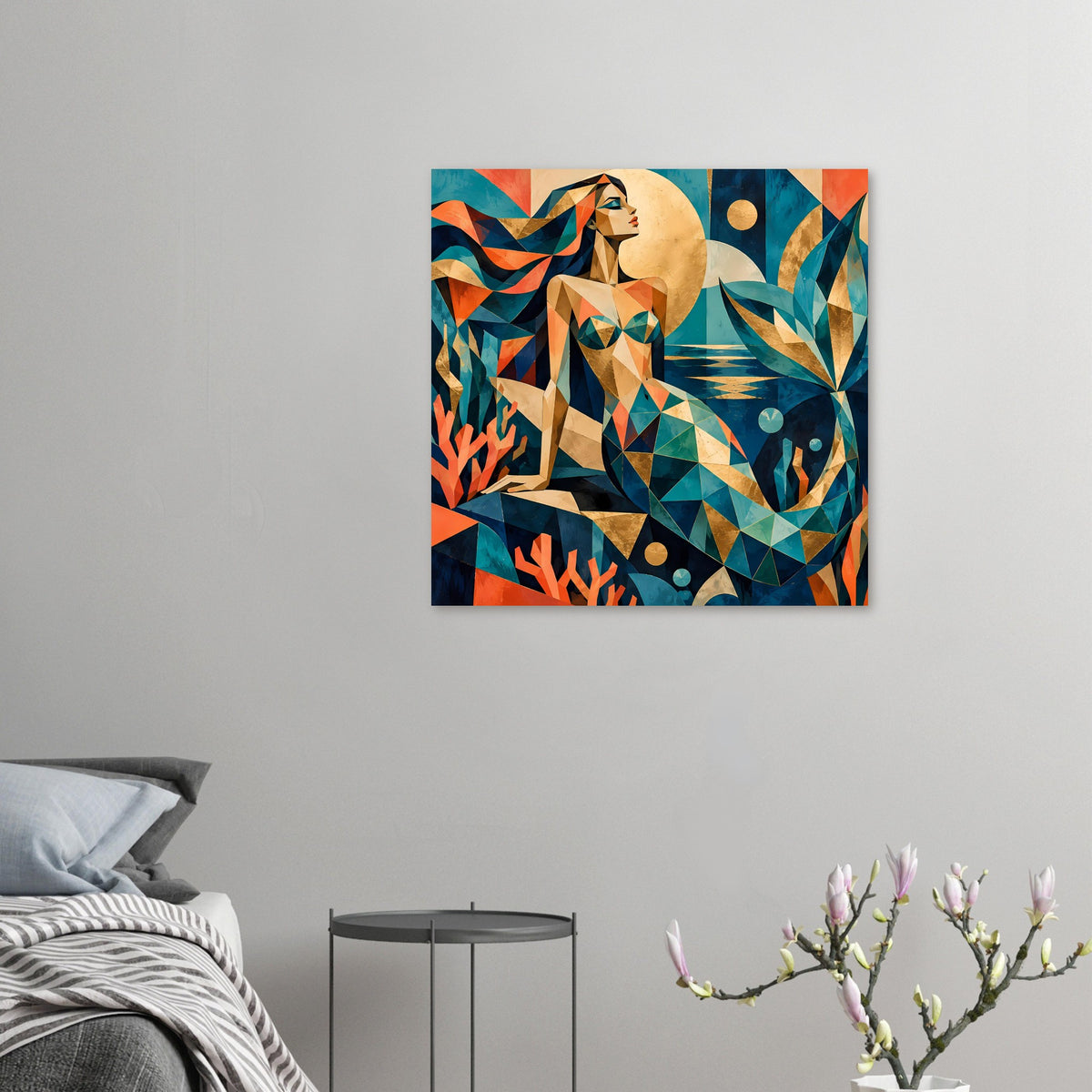 Geometrisches Meerjungfrauen-Kunstposter in Türkis und Korall, kleines Wandformat, horizontal