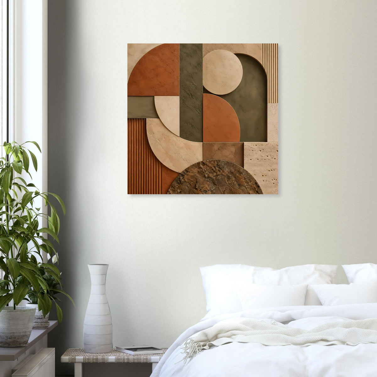 Abstraktes Poster in Erdtönen mit geometrischen Segmenten, Kreisen und Rechtecken im Rahmen