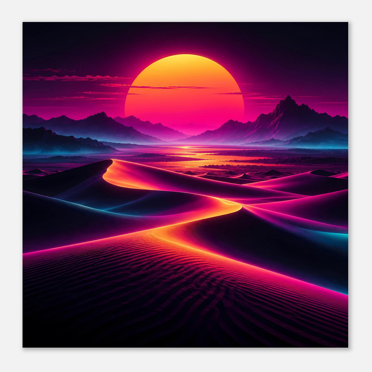 Neon-Desert-Sunset Poster im Hochformat, neonpinkes Lichtband durch Sandwellen